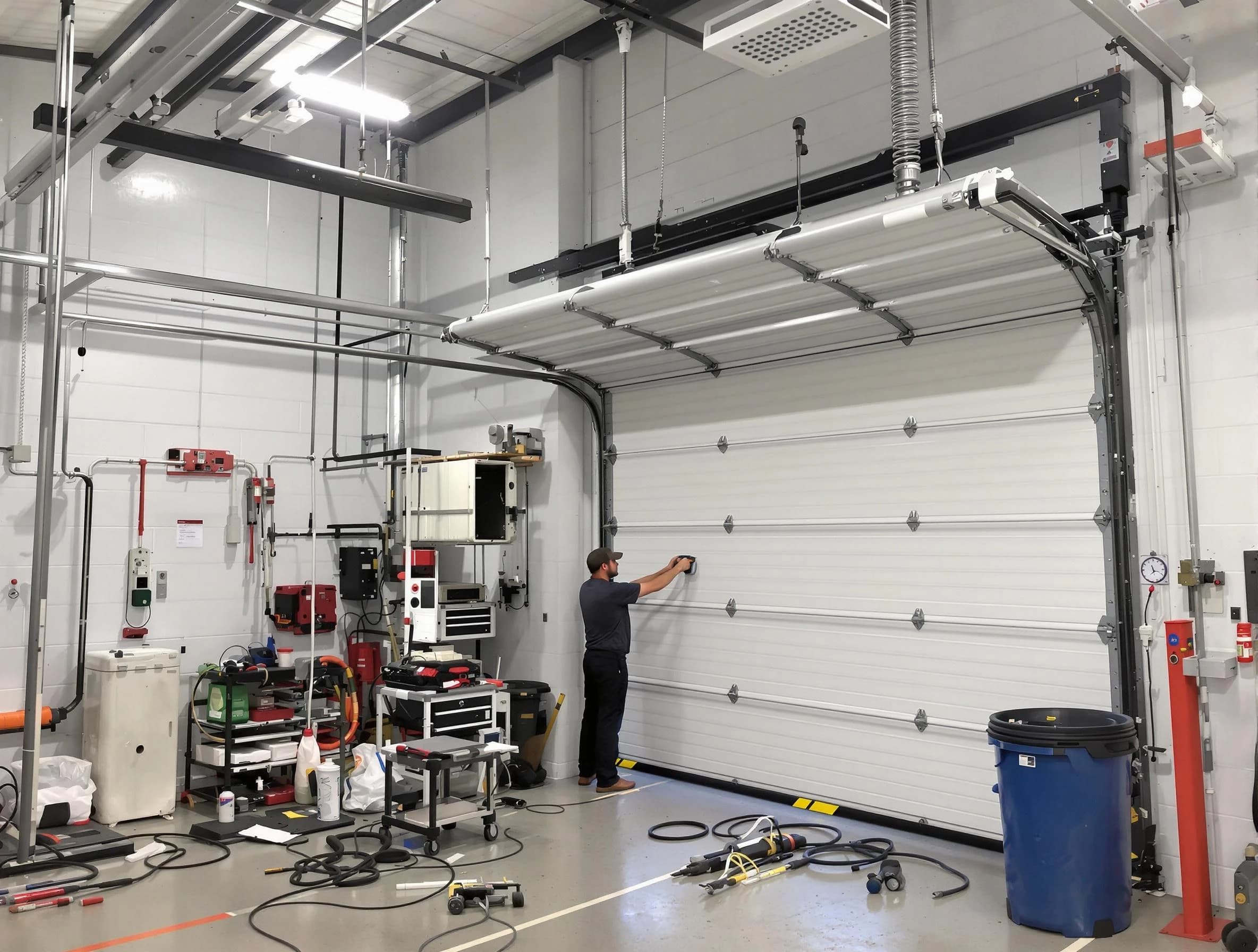 Lincoln Garage Door Repair certified technician performing commercial door repair at a Lincoln business facility