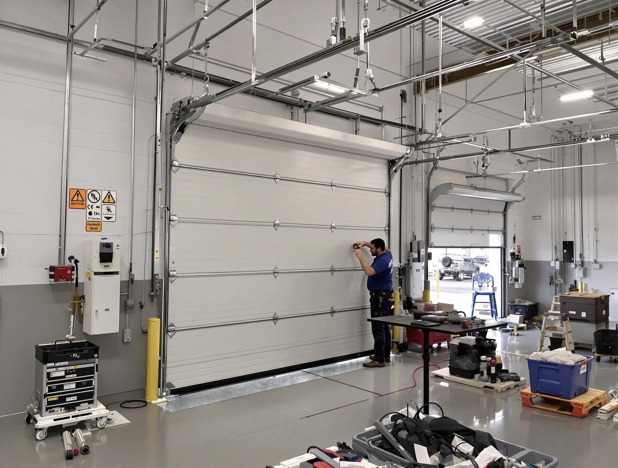 Commercial garage door repair being performed by Lincoln Garage Door Repair expert in Lincoln