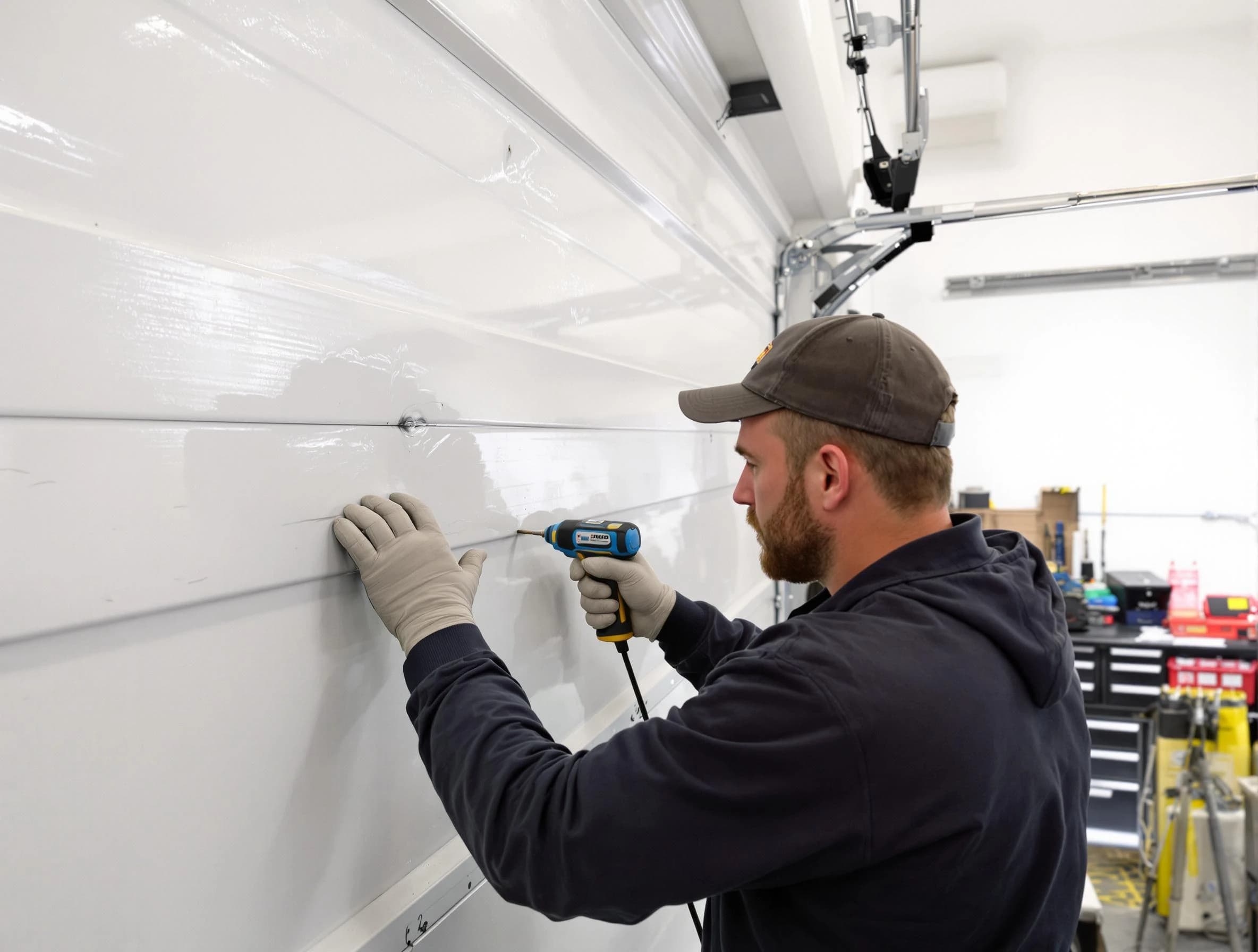 Lincoln Garage Door Repair technician demonstrating precision dent removal techniques on a Lincoln garage door